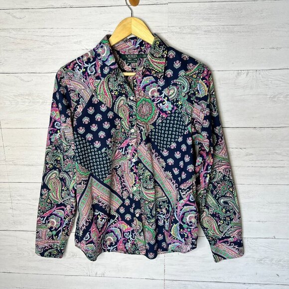 Lauren Ralph Lauren Top Womens Size Large Colorful Paisley Patchwork Non Iron - Picture 3 of 16